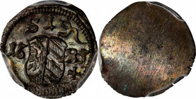 GERMANY. Nurnberg. Pfennig, 1685. PCGS MS-63.

KM-193. An extremely well struck uniface Pfennig, with curving, concave obverse, a tiny hole as is us...
