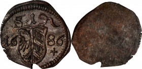 GERMANY. Nurnberg. Pfennig, 1686. PCGS MS-62.

KM-193. A boldly struck and pleasing uniface Pfennig, without hole but with a notch in the rim (as ma...