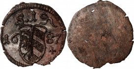 GERMANY. Nurnberg. Pfennig, 1687. PCGS MS-62.

KM-193. A nicely preserved and crisply struck uniface Pfennig, with a small hole as is usual for the ...
