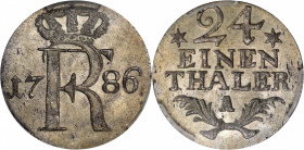 GERMANY. Prussia. 1/24 Taler, 1786-A. Berlin Mint. Frederick II (the Great). PCGS MS-64.

KM-296. This sharply struck near-Gem is bathed in charming...