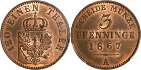 GERMANY. Prussia. 3 Pfennig, 1867-A. Berlin Mint. Wilhelm I. PCGS MS-64 Red Brown.

KM-482; N-17. A pleasing, sharply struck example of the type, wi...