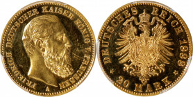 GERMANY. Prussia. 20 Mark, 1888-A. Berlin Mint. Friedrich III. PCGS PROOF-64 Cameo.

Fr-3828; KM-515; J-248. A fairly RARE issue in proof for this b...