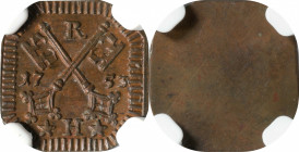 GERMANY. Regensburg. Heller, 1753. Franz Stephan. NGC MS-64 Brown.

KM-237. A very crisply struck uniface coin, very pleasing for the type, with dar...