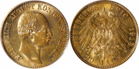 GERMANY. Saxony. 20 Mark, 1913-E. Dresden Mint. Frederick Augustus III. NGC MS-62.

Fr-3848; KM-1265; J-268, Presenting a satiny bloom of luster and...