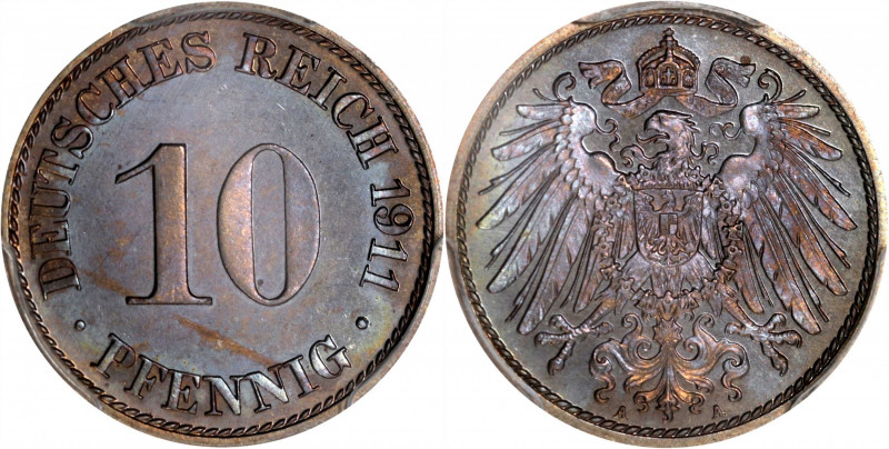 GERMANY. Empire. 10 Pfennig, 1911-A. Berlin Mint. Wilhelm II. PCGS PROOF-65.

...