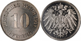 GERMANY. Empire. 10 Pfennig, 1911-D. Munich Mint. Wilhelm II. PCGS PROOF-64 Cameo.

KM-12; J-13. A wonderful near-Gem example with a bold strike and...
