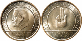GERMANY. Weimar Republic. 5 Mark, 1929-F. Stuttgart Mint. PCGS MS-64.

KM-64; J-341. 10th Anniversary of the Weimar Constitution. A beautiful commem...