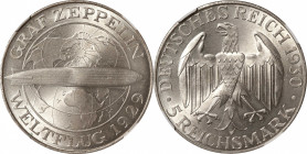 GERMANY. Weimar Republic. 5 Mark, 1930-A. Berlin Mint. NGC MS-65.

KM-68; J-343.&nbsp;Commemorating the world tour of a Zeppelin airship. This stunn...