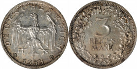 GERMANY. Weimar Republic. 3 Mark, 1933-G. Karlsruhe Mint. PCGS PROOF-61.

KM-74; J-349. The lowest mintage of this type, this example is made even m...