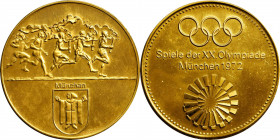 GERMANY. Federal Republic. Gold Munich Olympic Medal, 1972. BRILLIANT UNCIRCULATED.

10 Karat. AGW: 0.468 oz; Weight: 35 gms. Obverse: Five runners ...