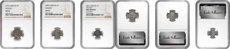 GREAT BRITAIN. Trio of Maundy 2 and 3 Pence (3 Pieces), 1762-1891. All NGC Certi...