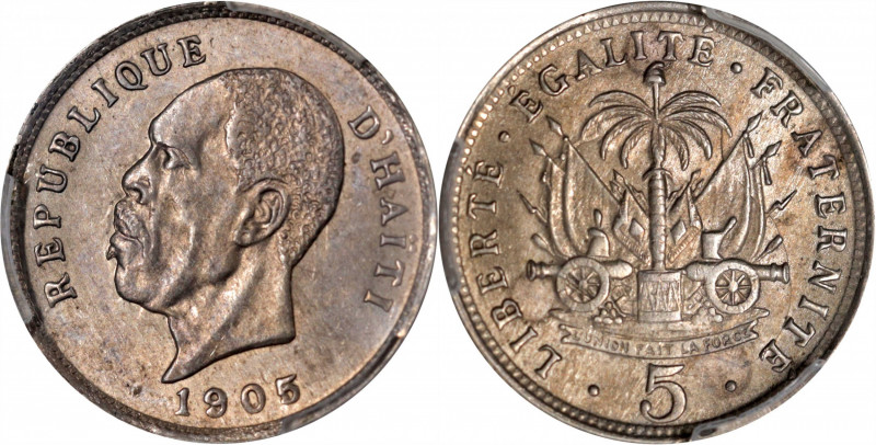 HAITI. 5 Centimes, 1905. Scovill (Waterbury) Mint. PCGS MS-62.

KM-53. This ha...