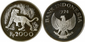 INDONESIA. 2000 Rupiah, 1974. PCGS PROOF-68 Deep Cameo.

KM-39a. Wildlife Conservation Series, featuring a Javan tiger. A brilliant Proof with hard ...