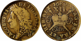 IRELAND. Gun Money Shilling, 1689 (Jan). James II. NGC VG-10.

S-6581G (old S-6581M on NGC insert); KM-94. This handsome piece of gun money is very ...