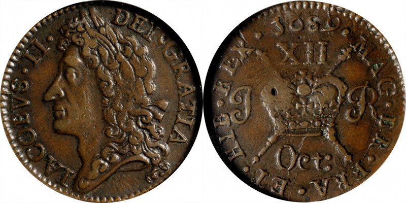 IRELAND. Brass Gun Money Shilling, 1689 (Oct). Dublin Mint. James II. NGC VF-30....