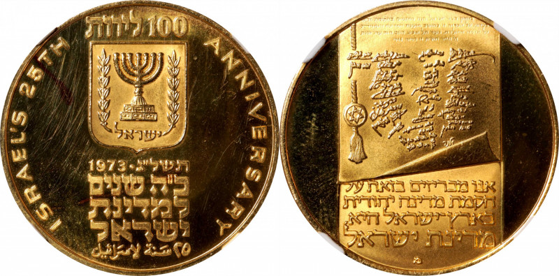 ISRAEL. 100 Lirot, 1973. NGC PROOF-63 Ultra Cameo.

Fr-10; KM-73. Struck to co...