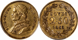 ITALY. Papal States. 2-1/2 Scudi, Year XVII (1863)-R. Rome Mint. Pius IX. PCGS AU-55.

Fr-273; KM-1117. Overall this piece displays honey golden col...