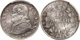 ITALY. Papal States. 10 Soldi, 1867-R Year XXII. Rome Mint. Pius IX. PCGS MS-66.

KM-1376; Mont-388; CNI-243. A pleasing, crisply struck coin with a...