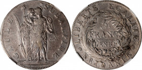 ITALY. Piedmont-Subalpine Republic. 5 Francs, l'An 10 (1801). Turin Mint. NGC VF-25.

Dav-197; KM-C-4; Pag-6; Gig-4. A well struck coin with a bit o...