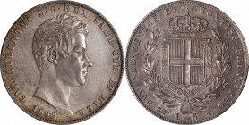 ITALY. Sardinia. 5 Lire, 1839-P. Genoa Mint; mm: eagle's head. Carlo Alberto. PCGS Genuine--Altered Surfaces, AU Details.

KM-113.3. Displaying some...