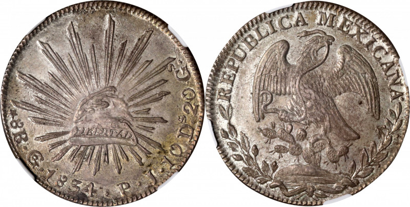 MEXICO. 8 Reales, 1834-Go PJ. Guanajuato Mint. NGC MS-64.

KM-377.8; DP-Go16. ...