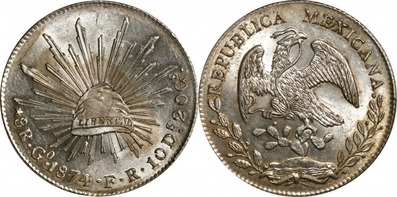 MEXICO. 8 Reales, 1874/3-Go FR. Guanajuato Mint. PCGS MS-62.

KM-377.8; DP-Go5...