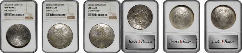 MEXICO. Trio of Chopmarked 8 Reales (3 Pieces), 1863-89. Guanajuato Mint. All NG...