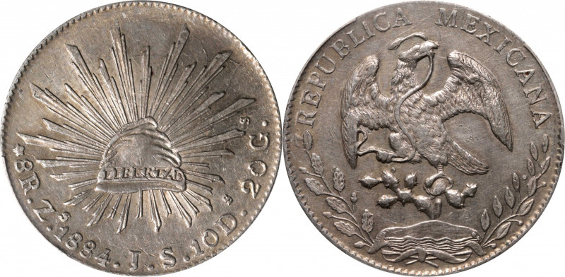 MEXICO. 8 Reales, 1884-Zs JS. Zacatecas Mint. PCGS AU-55.

KM-377.13; DP-Zs69....