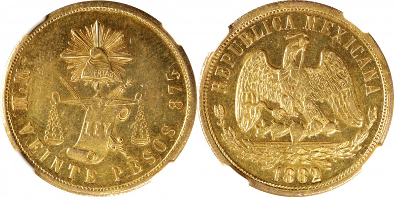 MEXICO. 20 Pesos, 1882/1-Mo M. Mexico City Mint. NGC MS-62.

Fr-119; KM-414.6....