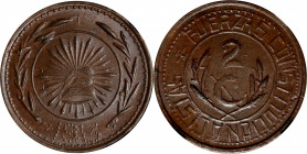 MEXICO. Chihuahua. 2 Centavos, 1913. NGC MS-64 Brown.

KM-607. A boldly struck and crudely engraved coin, with satiny luster and dark brown patina t...