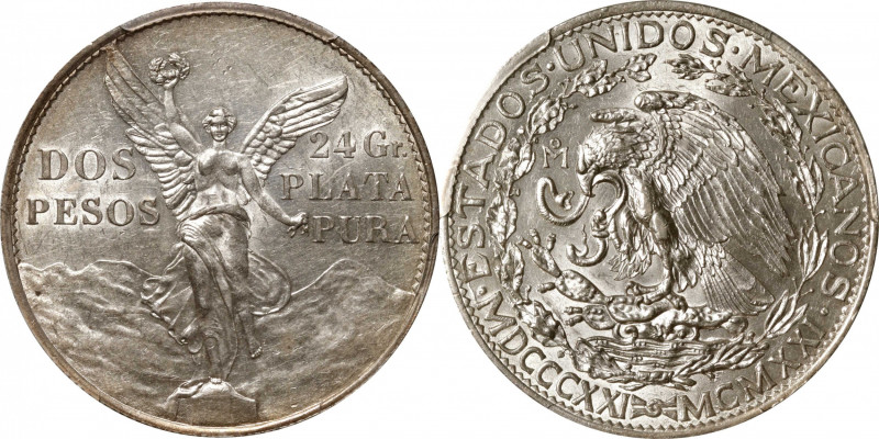 MEXICO. 2 Pesos, 1921-Mo. Mexico City Mint. PCGS AU-58.

KM-462. Struck to com...