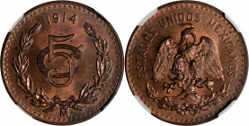 MEXICO. 5 Centavos, 1914-Mo. Mexico City Mint. NGC MS-65 Red Brown.

KM-422. Issued in Bronze. An eye-appealing and well struck coin, with abundant ...