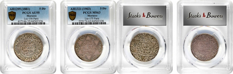 MOROCCO. Duo of Silver 5 Dirhams (2 Pieces), 1881-1903. Paris Mint. Both PCGS Ce...