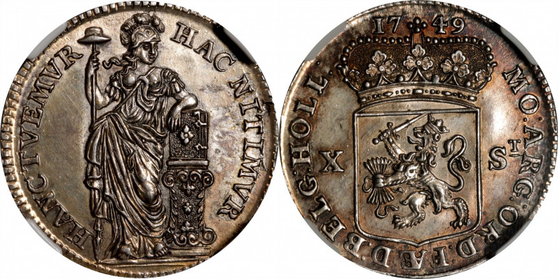 NETHERLANDS. Holland. 10 Stuivers, 1749. NGC Unc Details--Surface Hairlines.

...