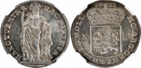 NETHERLANDS. Holland. 10 Stuivers, 1751. NGC MS-66.

KM-95. Preserved at a state of Gem, this piece is complimented by a bold strike and surfaces di...