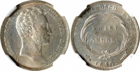 NETHERLANDS EAST INDIES. Kingdom of the Netherlands. 1/4 Gulden, 1840. Utrecht Mint. William I. NGC MS-64.

KM-301.1. Lis Privy Mark. A softly lustr...