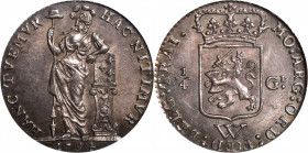NETHERLANDS WEST INDIES. 1/4 Gulden, 1794-W. Utrecht Mint. ANACS AU-58 Details--Cleaned.

KM-2. Variety with W above "FOED". This handsome piece off...