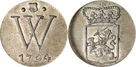 NETHERLANDS WEST INDIES. 2 Stuivers, 1794-W. Utrecht Mint. ANACS MS-60 Details--Cleaned.

KM-1. A difficult to acquire denomination, this coin displ...