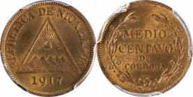 NICARAGUA. 1/2 Centavo, 1917. PCGS MS-65+ Red Brown.

KM-10. This attractive Gem displays good mint red and great luster that is uninterrupted by an...