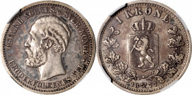 NORWAY. Krone, 1877. Kongsberg Mint. Oscar II. NGC EF-40.

KM-357; Sieg-58. Mintage: 60,000. The key date of the series. A wholesome and gently worn...