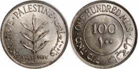 PALESTINE. 100 Mils, 1935. London Mint. George V. PCGS MS-61.

KM-7. This splendid example from British Mandatory Palestine yields beautiful mint bl...
