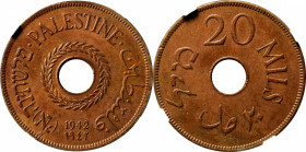 PALESTINE. 20 Mils, 1942. London Mint. George VI. NGC MS-62 Brown.

KM-5a. This impressive uncirculated example displays a nice amount of mint red, ...