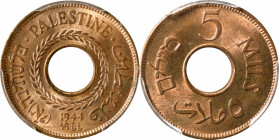 PALESTINE. 5 Mils, 1944. London Mint. George VI. PCGS MS-65 Red Brown.

KM-3a. Bright and very close to Red, with a touch of warm magenta-russet ton...
