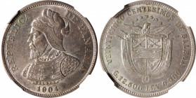 PANAMA. 25 Centesimos, 1904. NGC MS-61.

KM-4. A boldly struck and softly lustrous coin, lightly toned. The surfaces show some minor scuffs but noth...