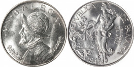 PANAMA. Balboa, 1947. Philadelphia Mint. PCGS MS-64.

KM-13. This near-Gem is doused with an appealing luster of the satiny variety that toys with t...