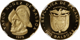PANAMA. 100 Balboas, 1975-FM. Franklin Mint. NGC PROOF-70 Ultra Cameo.

Fr-1; KM-41. AGW: 0.2361 oz. This beautiful piece offers charmingly mirrored...