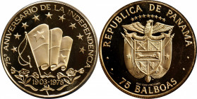PANAMA. 75 Balboas, 1978. Franklin Mint. CHOICE PROOF.

Fr-6; KM-55. AGW: 0.1704 oz. Struck to commemorate the 75th anniversary of Independence. Thi...