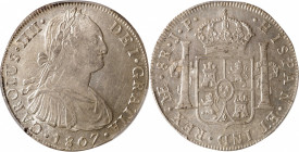 PERU. 8 Reales, 1807-LIMA JP. Lima Mint. Charles IV. PCGS MS-62.

KM-97; Cal-927.&nbsp;A lovely Mint State example with just the lightest champagne ...