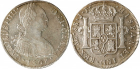 PERU. 8 Reales, 1807-LIMA JP. Lima Mint. Charles IV. PCGS AU-55.

KM-97; Cal-927.&nbsp;Virtually untoned silver-gray surfaces retain plenty of livel...
