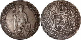 PERU. 8 Reales, 1839-LIMA MB. Lima Mint. PCGS Genuine--Chopmark, VF Details.

KM-142.3. This circulated crown-sized issue displays nice details and ...